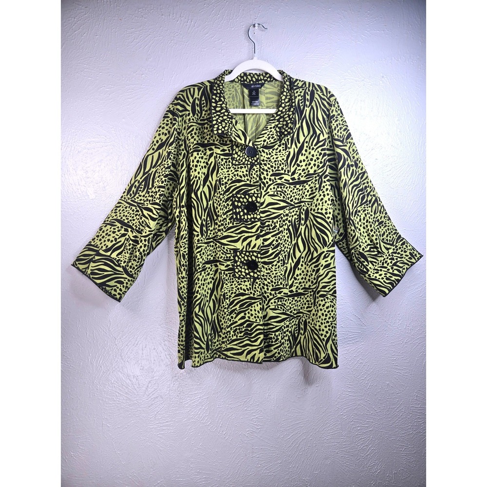 Ali Miles Animal Print Button Tunic Blouse 1X Citron Yellow Eclectic Artsy Shirt